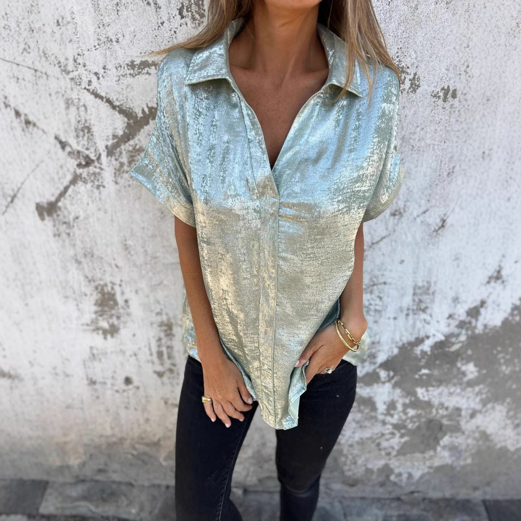 Damen Elegante und lässige Satinbluse mit kurzen Ärmeln