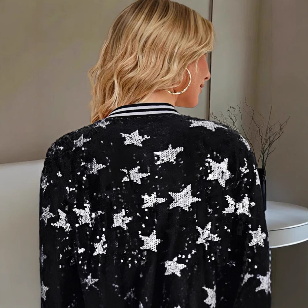 Damen Glitzernde Bomberjacke mit Sternen-Motiv Shopnory