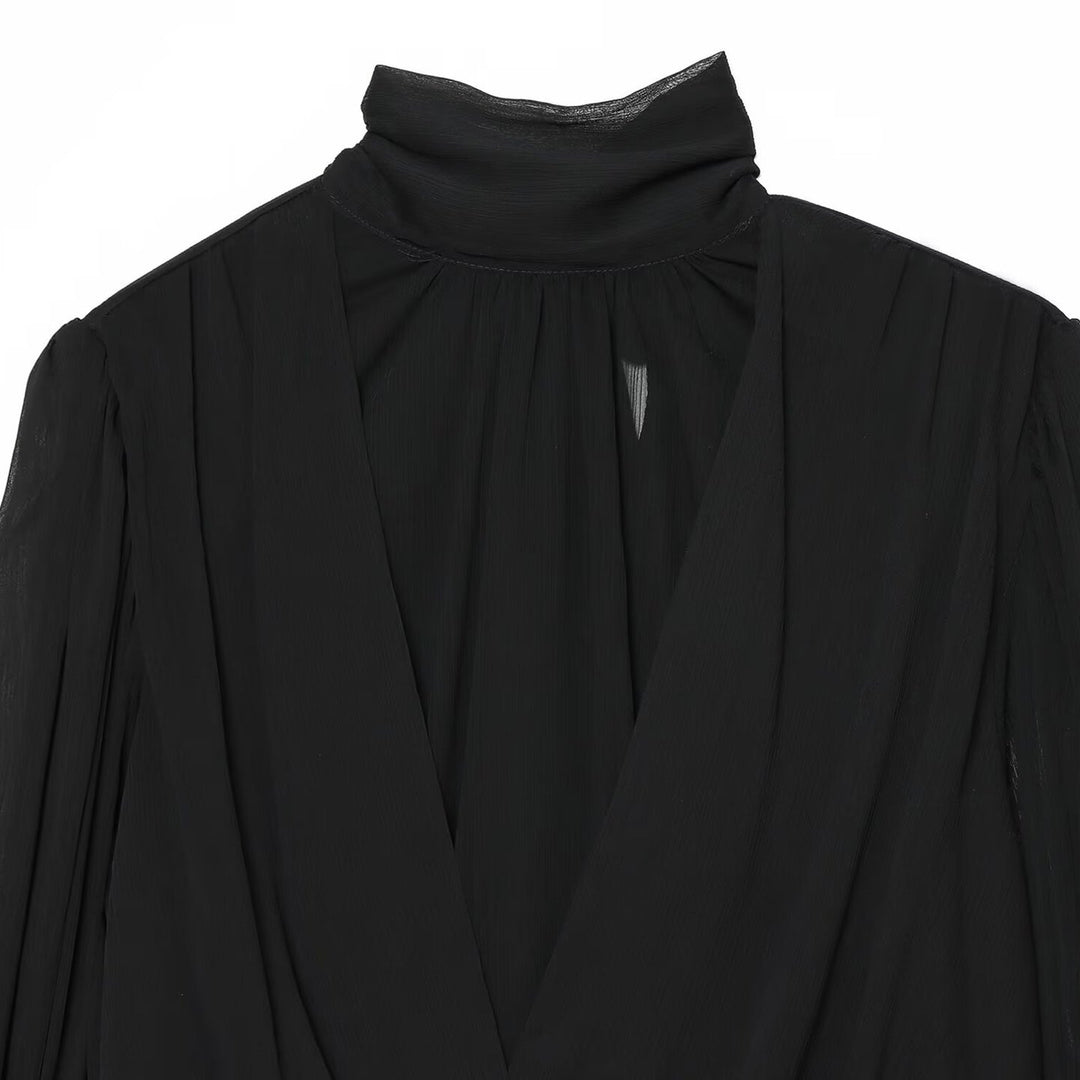 Damen Chiffon-Bluse mit Schluppe, Stehkragen und gerafften Ballonärmeln Shop Nory
