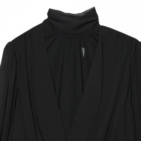 Damen Chiffon-Bluse mit Schluppe, Stehkragen und gerafften Ballonärmeln Shop Nory