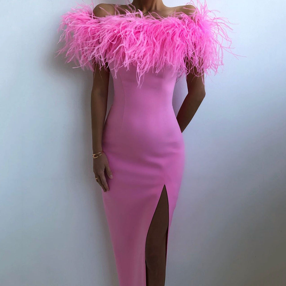 Damen Abendkleid mit federverziertem Oberteil und schlankem Schnitt