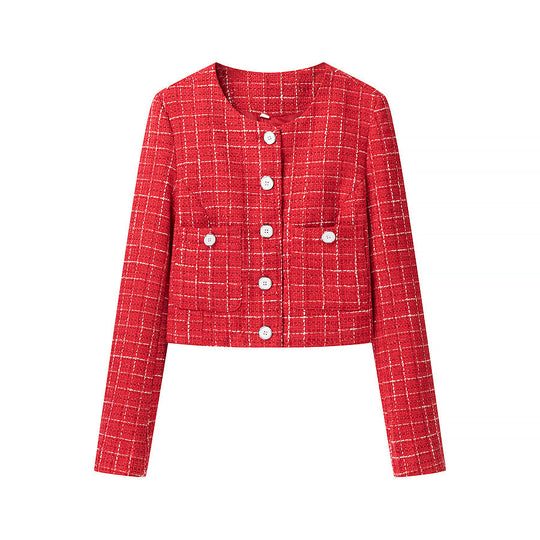 Damen Kurzgeschnittener Bouclé‑Tweed‑Blazer mit Rundhals, Zierknöpfen und aufgesetzten Taschen Shop Nory