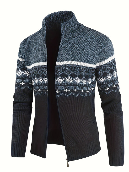 Herren Thermo-Strickjacke mit Stehkragen und Reißverschluss Norwegerstrick Fleece-gefüttert Shop Nory