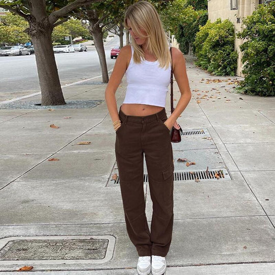Damen Hochtaillierte Relaxed-Cargo-Hose mit weitem Bein und Knieabnähern Shop Nory