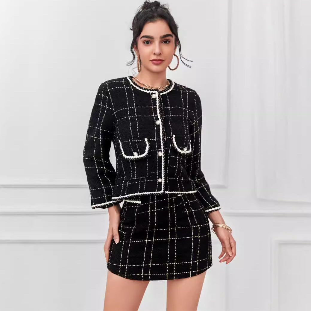 Damen Zweiteiliges Bouclé-Blazer-Set mit Zierstreifen und tailliertem Minirock Shop Nory