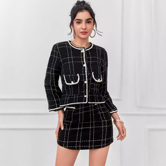 Damen Zweiteiliges Bouclé-Blazer-Set mit Zierstreifen und tailliertem Minirock Shop Nory