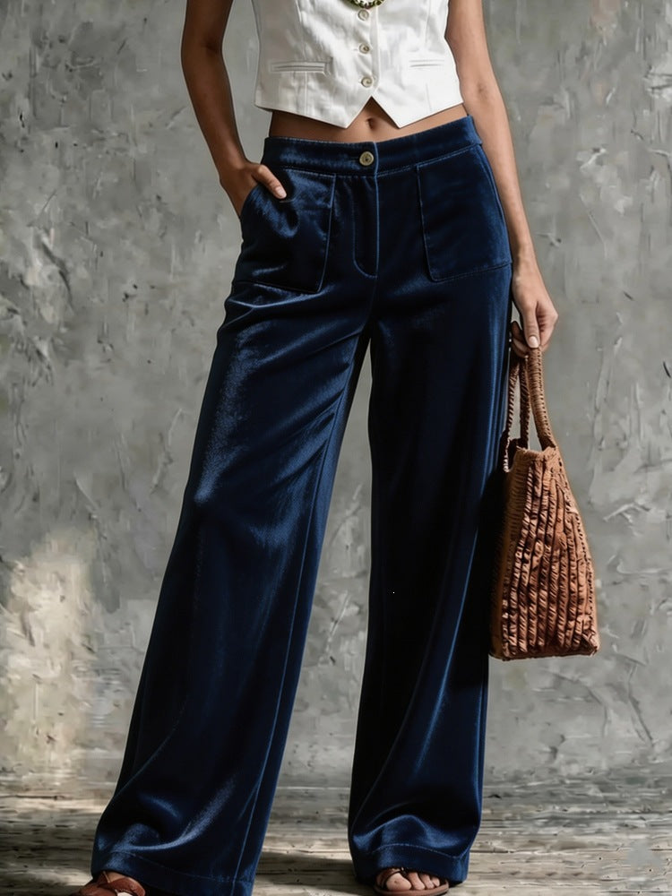 Damen Weite Samt-Palazzohose mit hoher Taille und aufgesetzten Taschen Shop Nory
