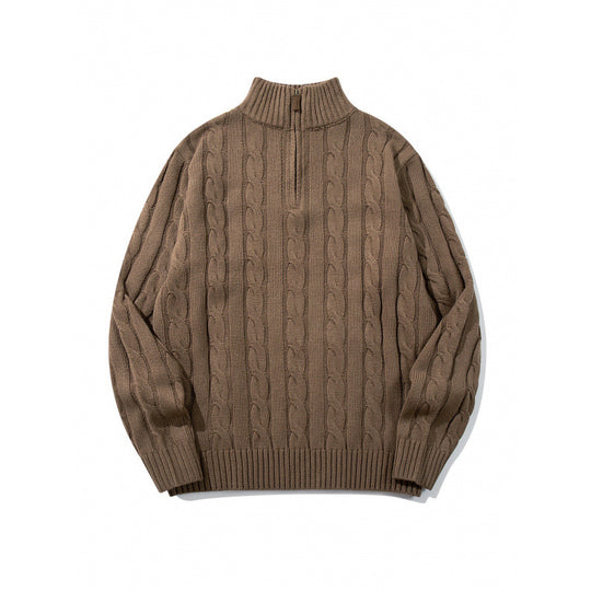 Unisex Grobgestrickter Halbreißverschluss-Zopfmuster-Pullover mit Stehkragen und gerippten Abschlüssen Shop Nory