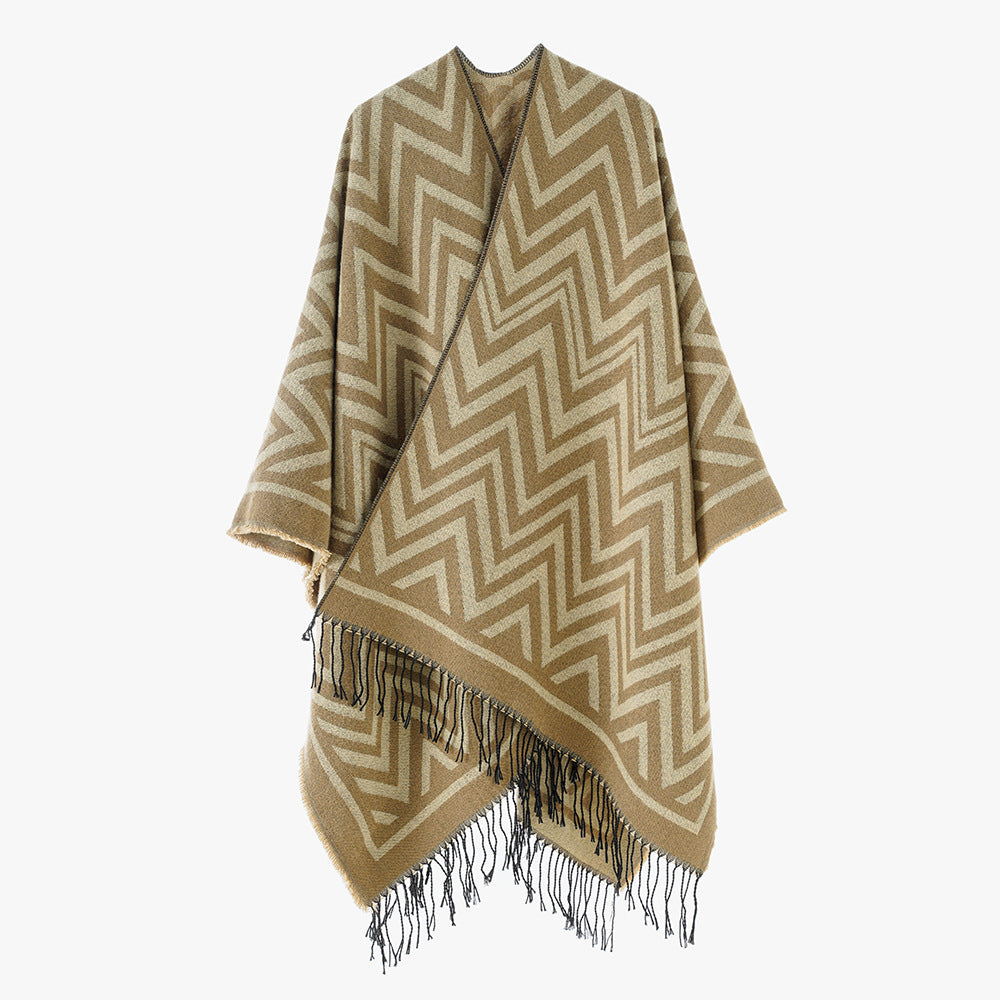 Damen Rechteckiger Zickzack‑Wollmix‑Überwurf mit Fransensaum und offenem Fall Shop Nory