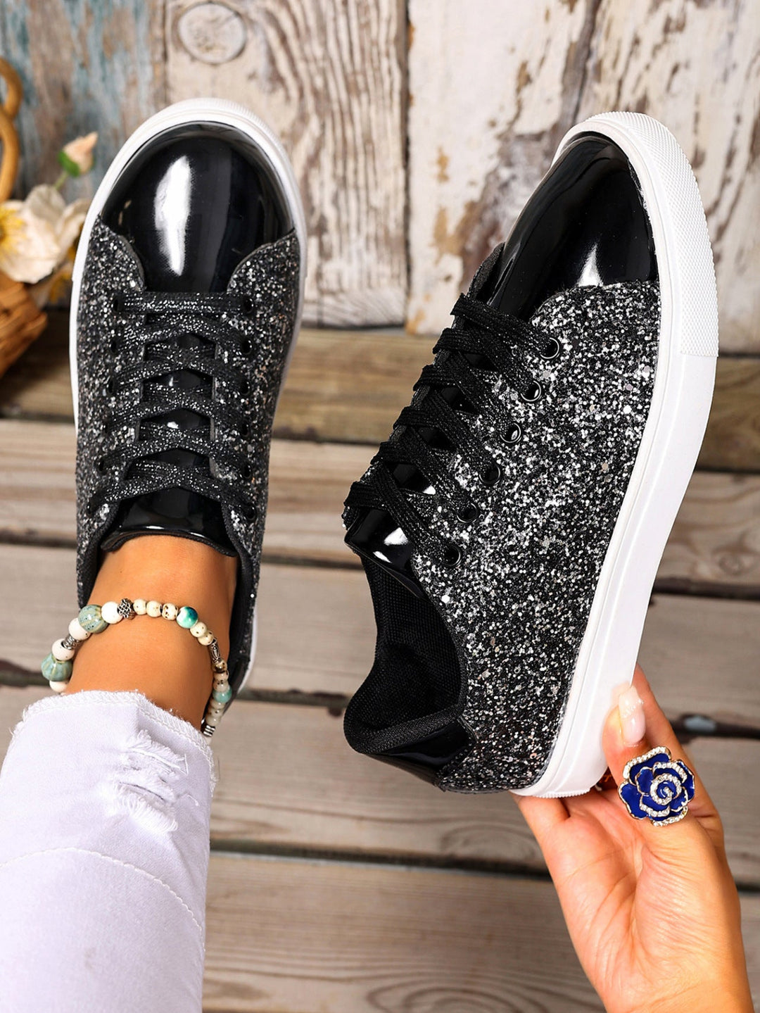 Damen Glitzernde Sneakers mit verspiegelter Zehenkappe und bequemer Polsterung Shopnory