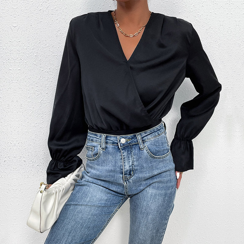 Damen Satin-Body mit Wickeloptik, V-Ausschnitt, elastischer Taillenpartie und Volantärmeln Shop Nory
