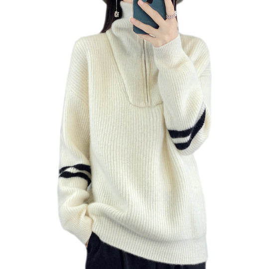 Damen Rippenstrick-Pullover mit halbem Reißverschluss, hohem Stehkragen und lässiger Passform Shop Nory