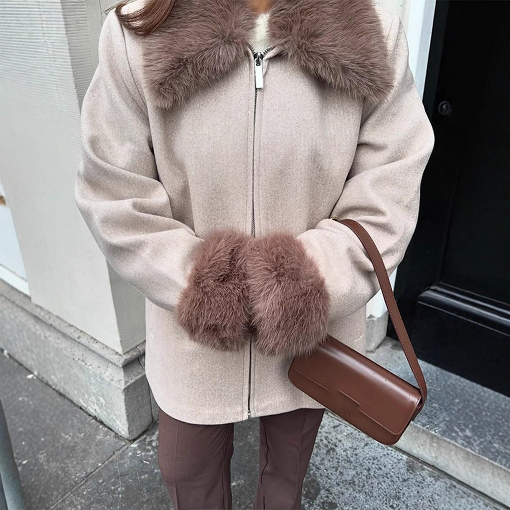 Damen Eleganter Kurzmantel aus Wollmix mit abnehmbarem Webpelzkragen und verdecktem Zweiwege-Reißverschluss Shop Nory