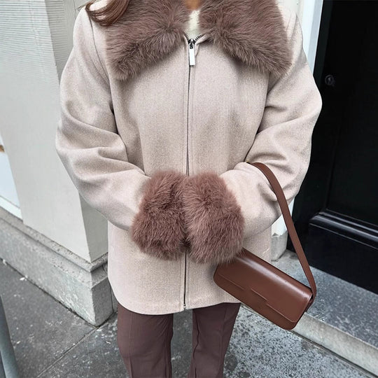 Damen Eleganter Kurzmantel aus Wollmix mit abnehmbarem Webpelzkragen und verdecktem Zweiwege-Reißverschluss Shop Nory