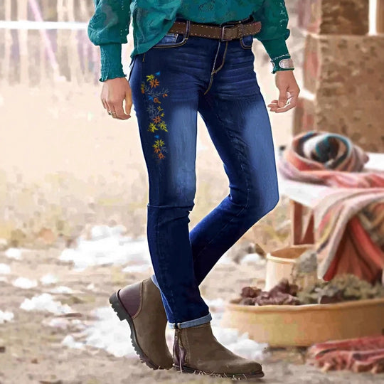 Damen Hochtaillierte Skinny-Jeans mit seitlicher Blumenstickerei Shop Nory