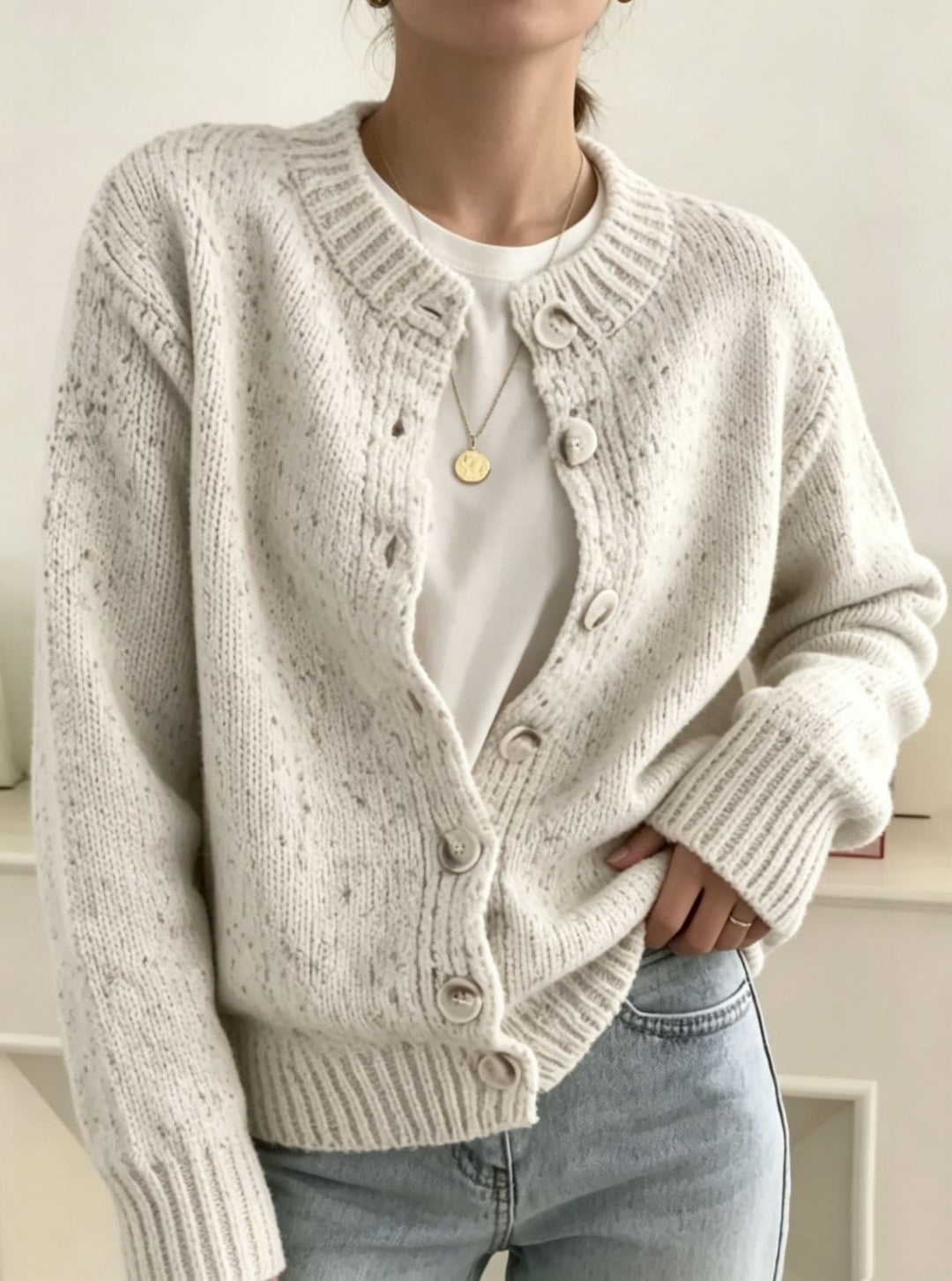 Damen Grobgestrickter Kurzcardigan mit Rundhalsausschnitt und meliertem Tweed-Effekt Shop Nory
