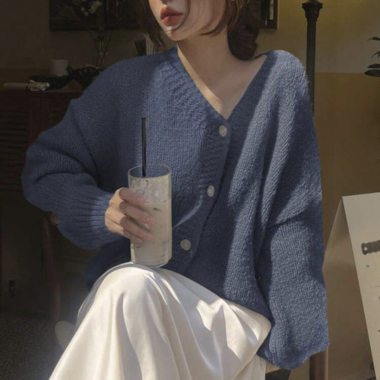 Damen Oversize-Strickjacke mit tiefem V-Ausschnitt, Ballonärmeln und Zierknopfleiste Shop Nory