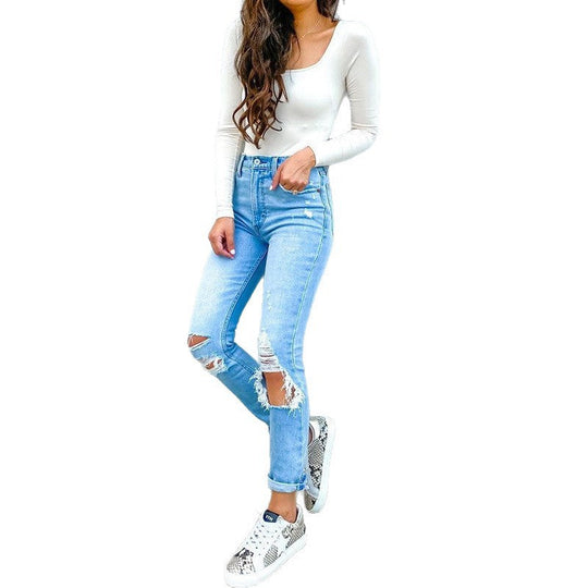 Damen Hochtaillierte Skinny Jeans mit modischen Rissen