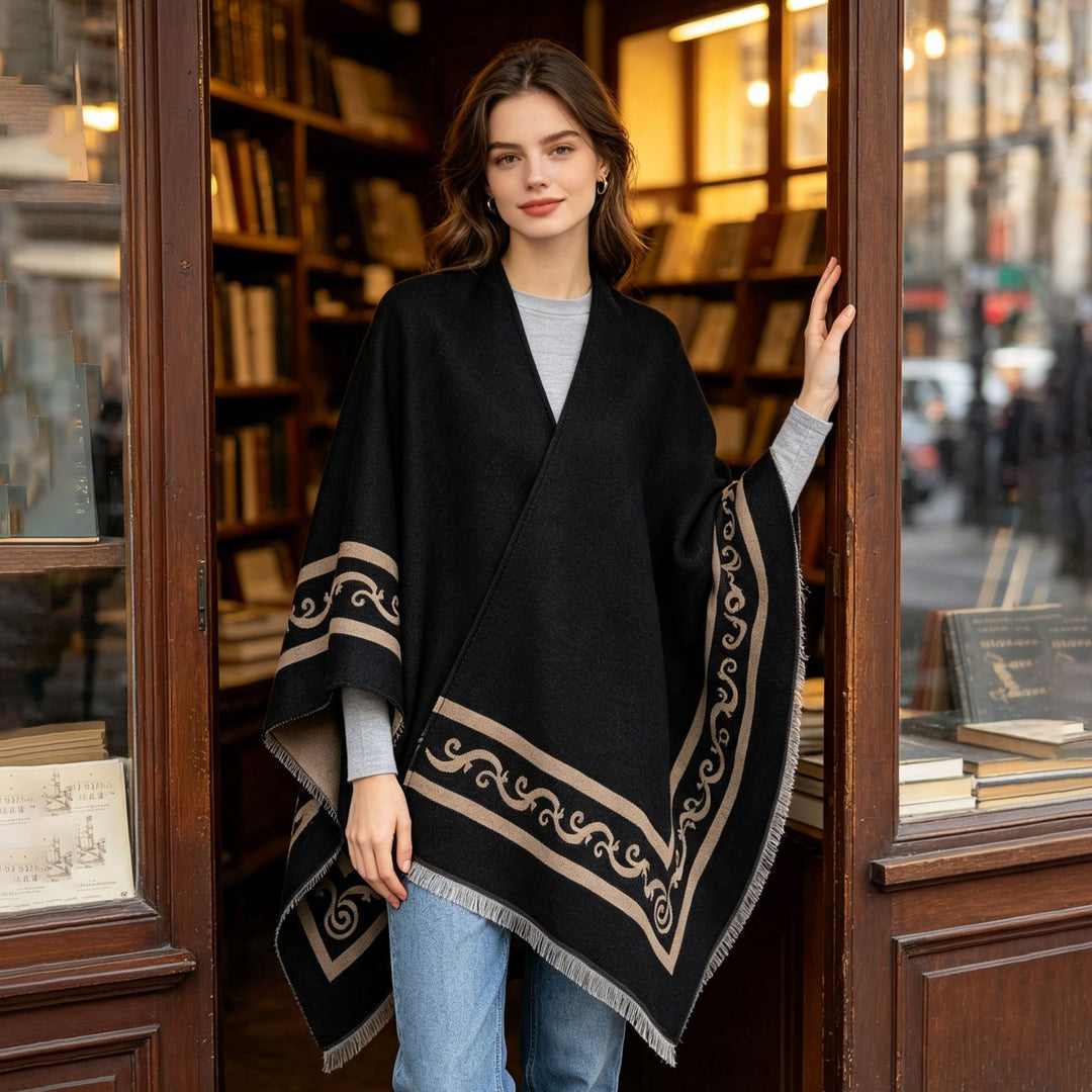 Damen Oversize-Cape mit geometrischem Jacquard und Fransensaum Shop Nory