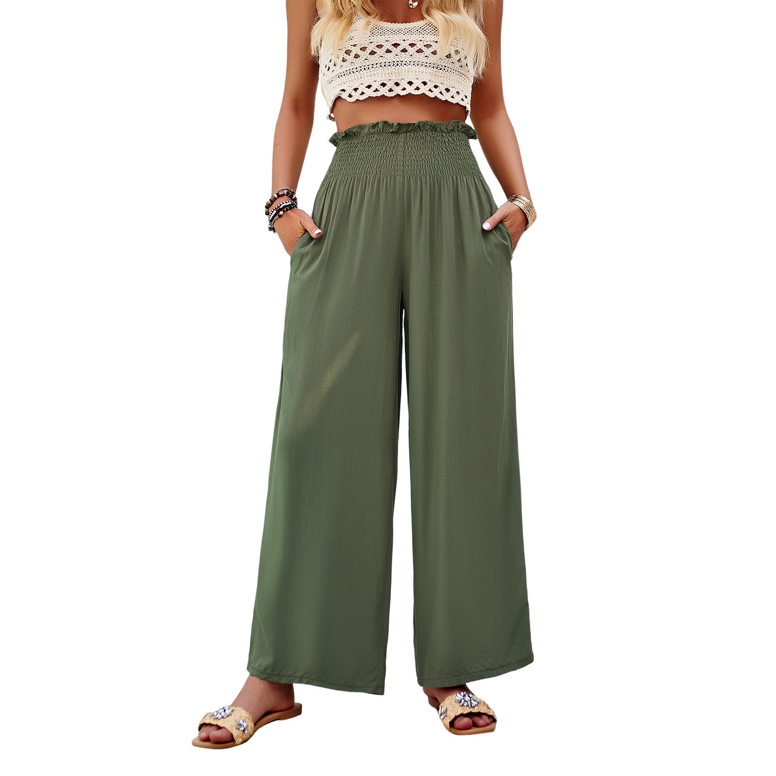 Damen Weite Sommerhose mit elastischem Bund und Volantdetails Shopnory