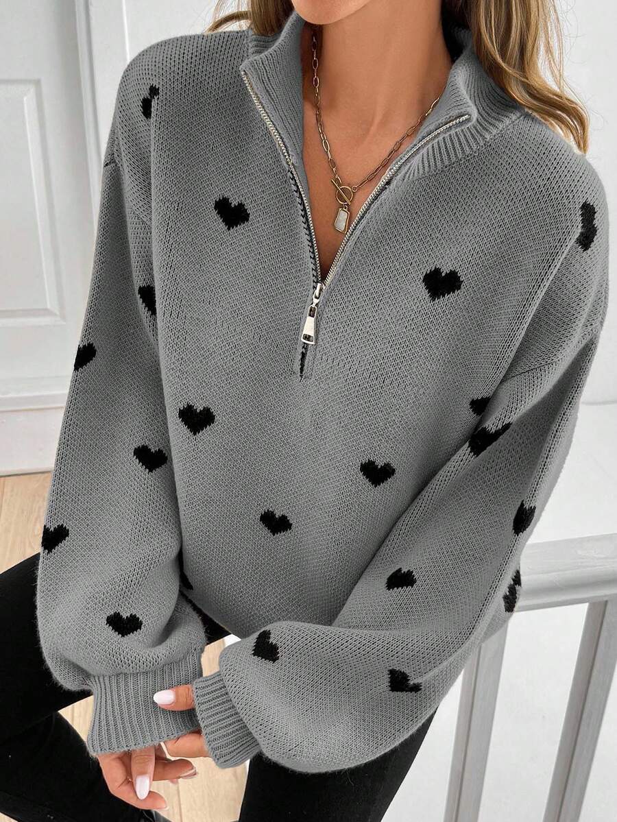 Damen Oversize Strickpullover mit Half-Zip und Herzmotiv Shop Nory