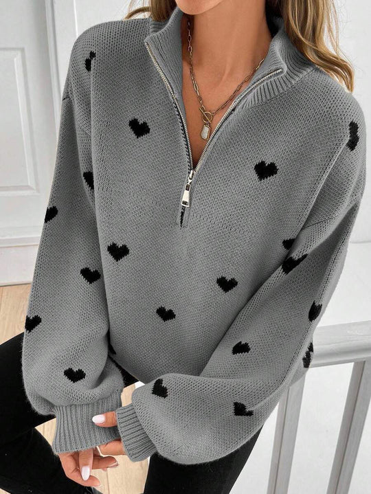 Damen Oversize Strickpullover mit Half-Zip und Herzmotiv Shop Nory