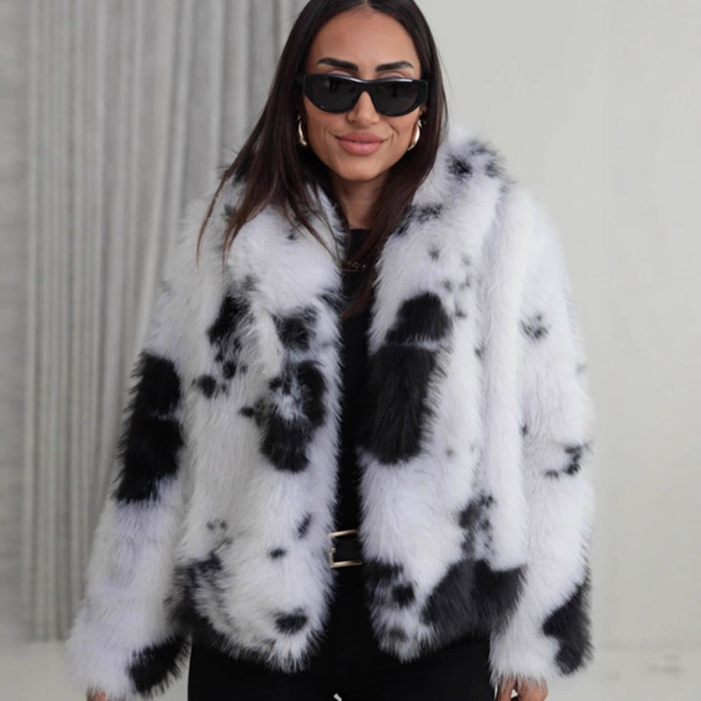 Damen Kurz geschnittener Faux‑Fur‑Bomber mit Fleckenmuster Shop Nory