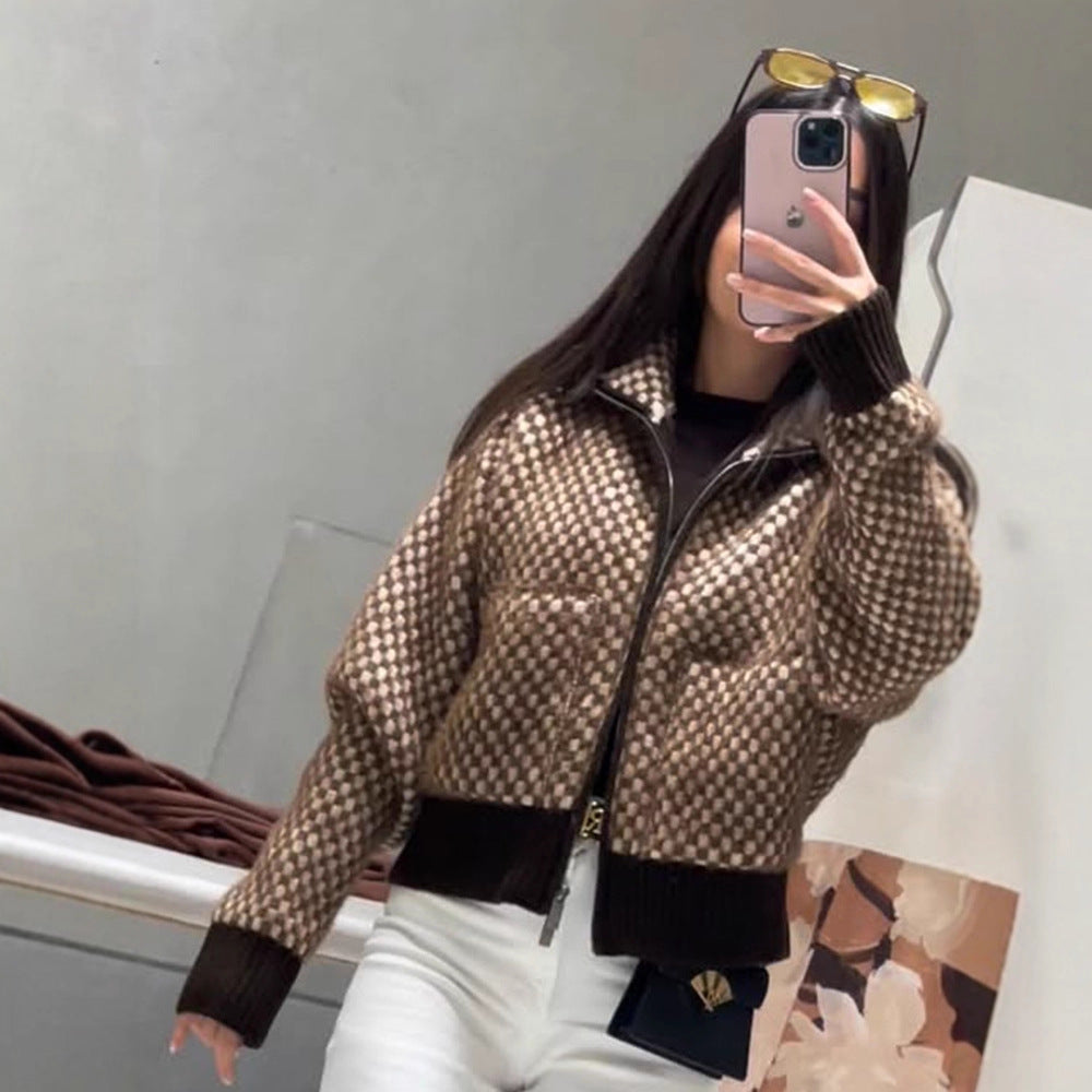 Damen Kurzgeschnittener Strick-Zipcardigan mit Kapuze und Strukturmuster Shop Nory