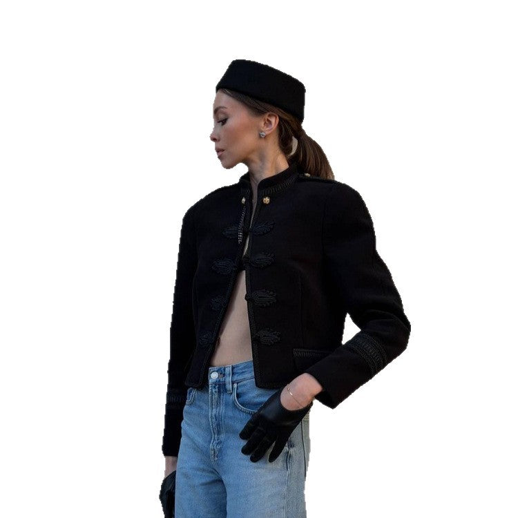 Damen Kurzjacke im Matrosen-Militärstil mit Stehkragen und Kordelverzierung Shop Nory