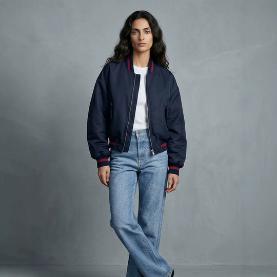 Damen Kurz geschnittene Oversize Bomberjacke mit voluminösen Ärmeln und Rippenbündchen Shop Nory