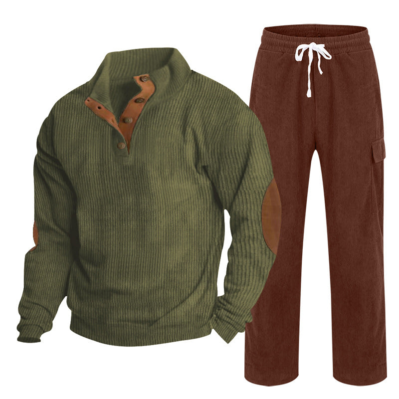 Herren Gemütliches Freizeit-Set aus Waffelstrick-Henley mit Ellenbogenpatch und Relax-Cargo-Hose Shop Nory