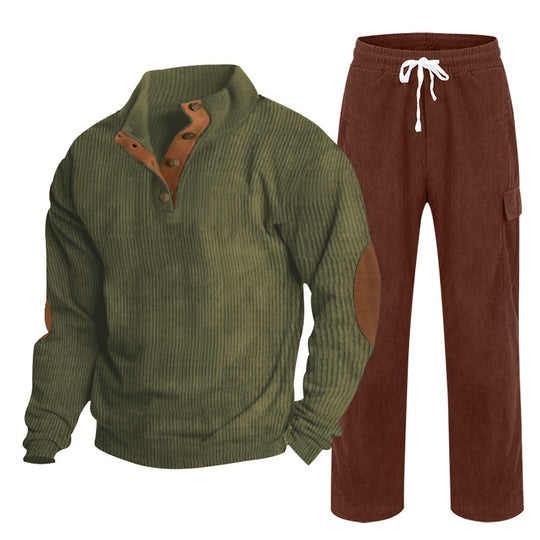 Herren Gemütliches Freizeit-Set aus Waffelstrick-Henley mit Ellenbogenpatch und Relax-Cargo-Hose Shop Nory