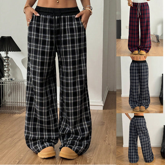 Damen weite karierte Lounge-Hose mit hohem Gummibund und Kordelzug Shop Nory