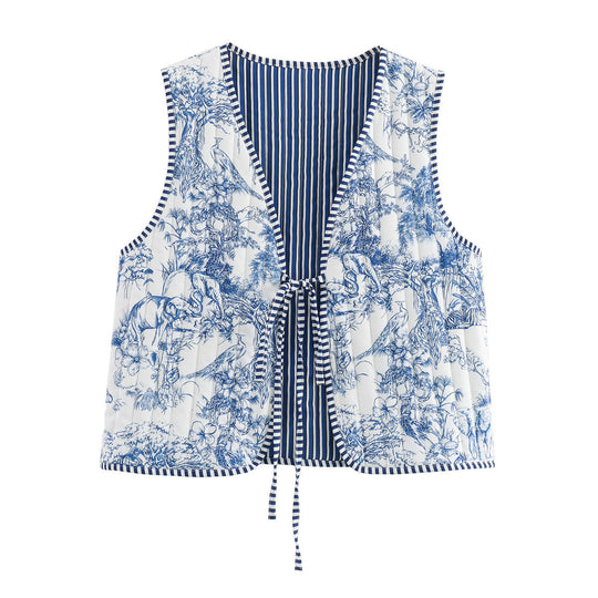 Damen Gesteppte Weste mit Toile‑Print, gestreifter Innenverarbeitung und Kordelbindung Shop Nory