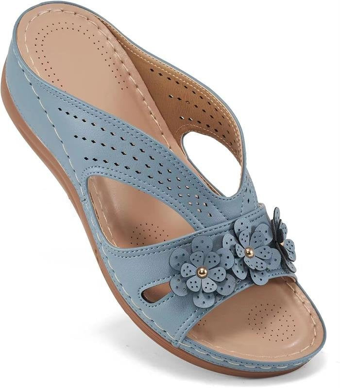 Damen Orthopädische Lederimitat-Pantolette mit Blumen‑Applikation und perforiertem Obermaterial Shop Nory