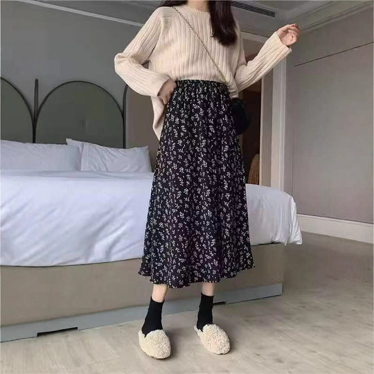 Damen Midirock mit floralem Print, taillenbetonter Rüschen-Bund und leichter Plissée-Qualität Shop Nory