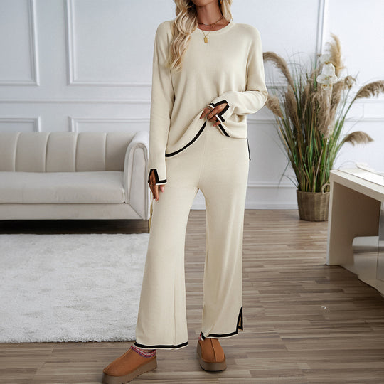 Damen nan entspanntes Lounge-Set mit weichem Rundhalsausschnitt, Kontrastpaspel und weiter Palazzohose Shop Nory