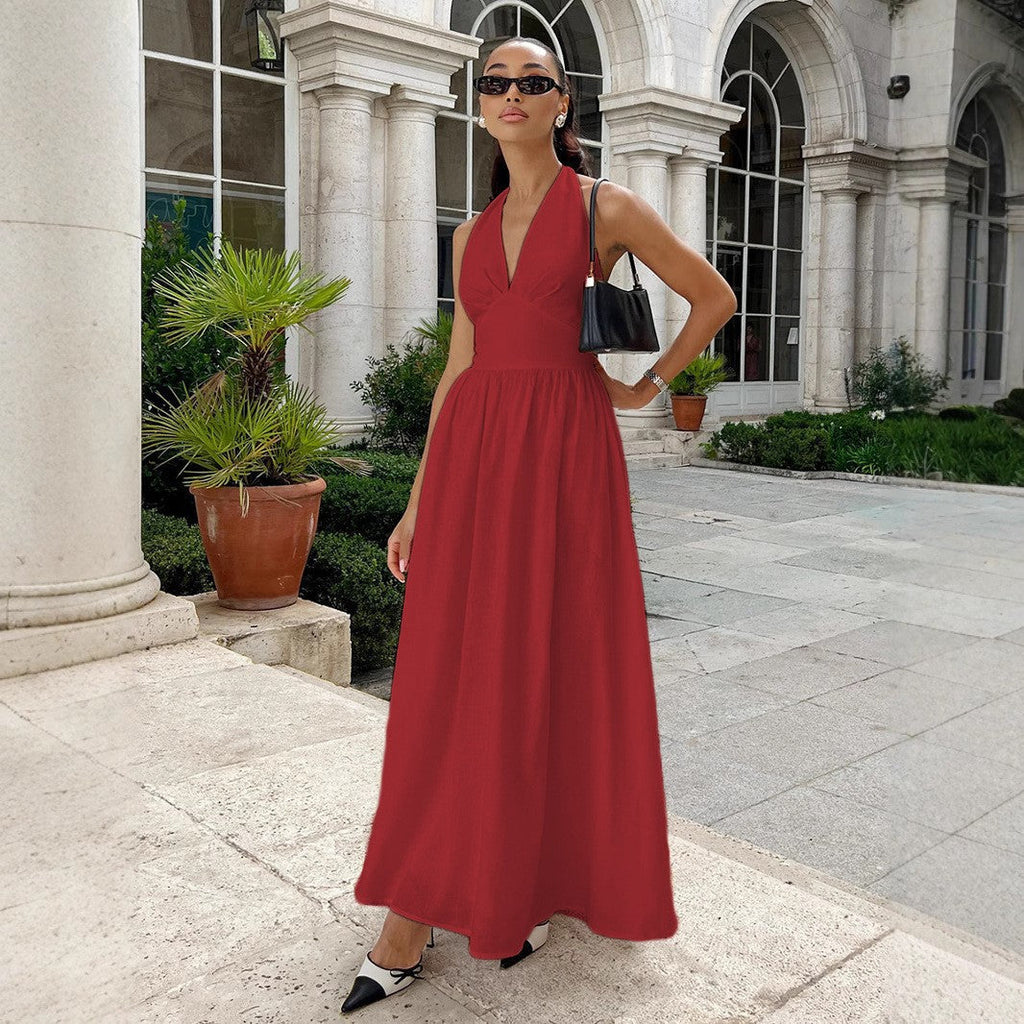 Damen Maxikleid mit tieferem V-Ausschnitt und fließendem Rock