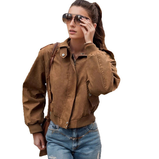 Damen Kurz geschnittene Bomberjacke aus Velourslederoptik mit Rippbündchen Shop Nory