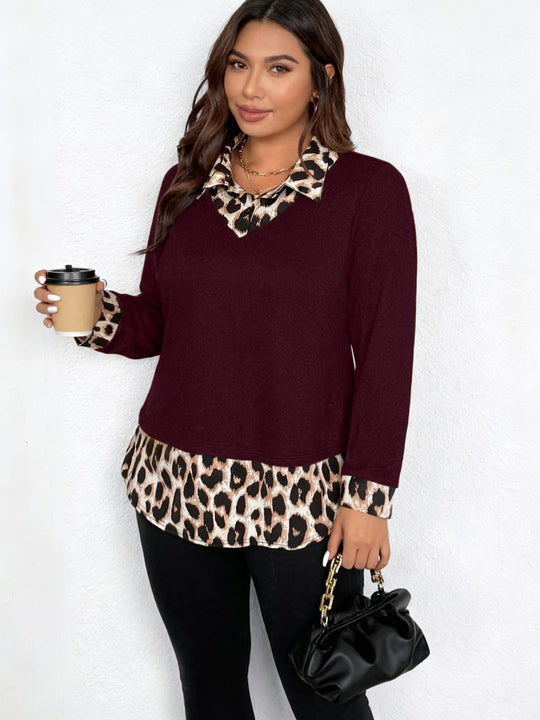 Damen Lagenlook-Pullover mit V-Ausschnitt und Leoprint-Blusen-Einsatz Shop Nory