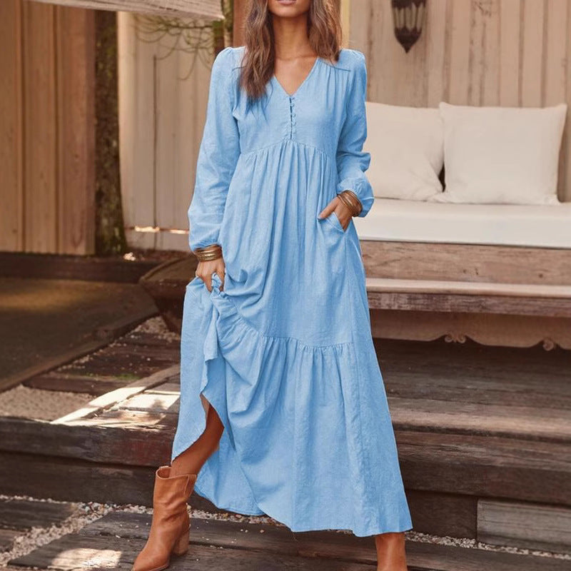 Damen Langes Stufenkleid aus Leinenmix mit V-Ausschnitt und Eingrifftaschen Shop Nory