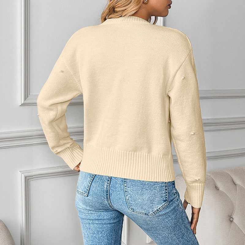 Damen Perlenverzierter Strickcardigan mit Herzknöpfen und geripptem Saum Shop Nory
