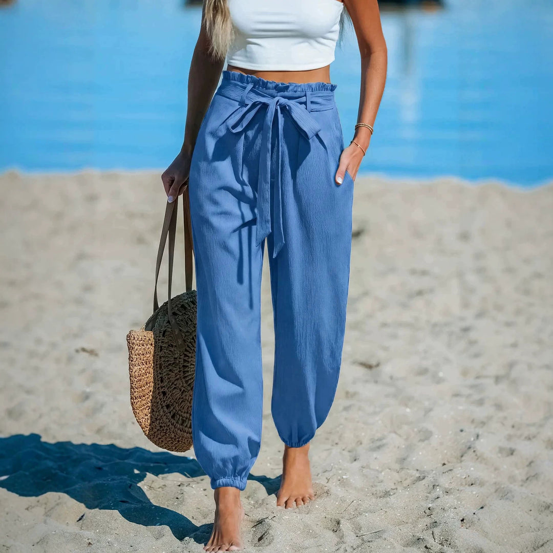 Damen Leichte Paperbag-Hochbund-Hose mit Bindegürtel, Seitentaschen und elastischen Knöchelbündchen Shop Nory