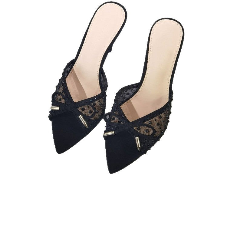 Damen elegante Mules mit zierlicher Schleifenverzierung und funkelnden Akzenten