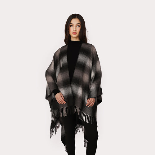 Damen Oversize Wollmix‑Ponchocape mit Ombre‑Karomuster und Fransensaum Shop Nory