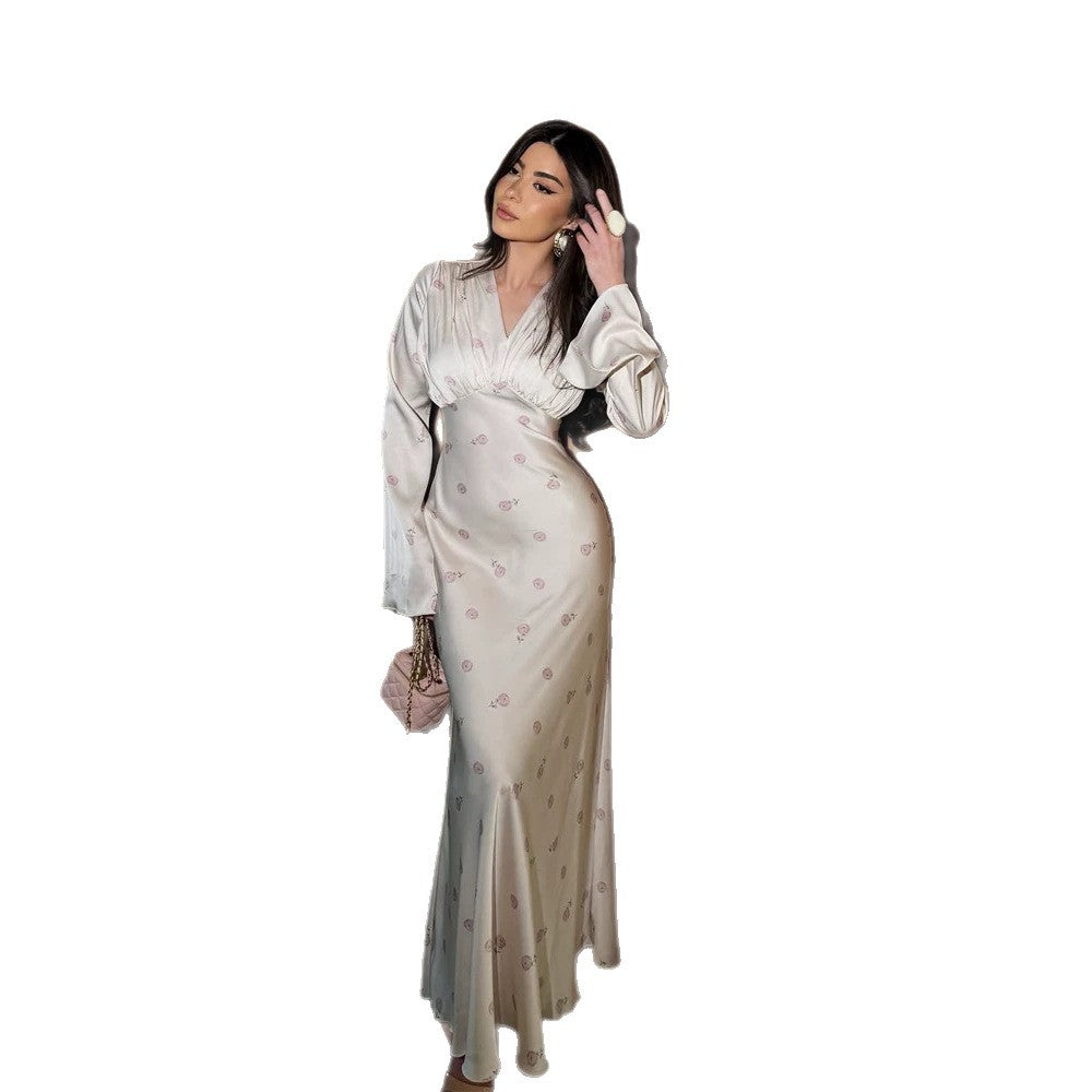 Damen Satinabendkleid mit Empire-Taille, V-Ausschnitt und zartem Blumenprint Shop Nory