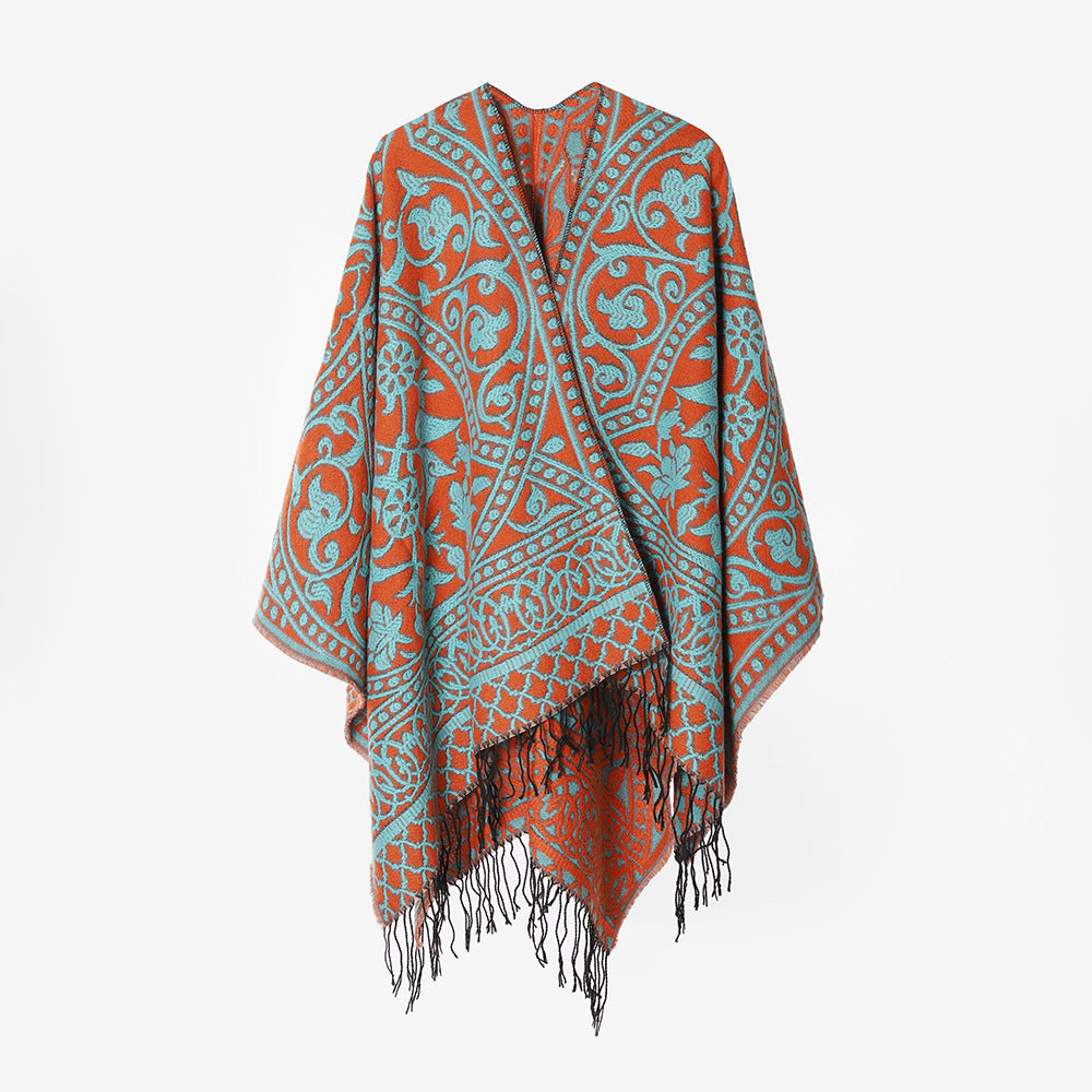 Damen Jacquard-Cape-Überwurf aus Wollmix mit Paisley-Jacquard und Fransensaum Shop Nory
