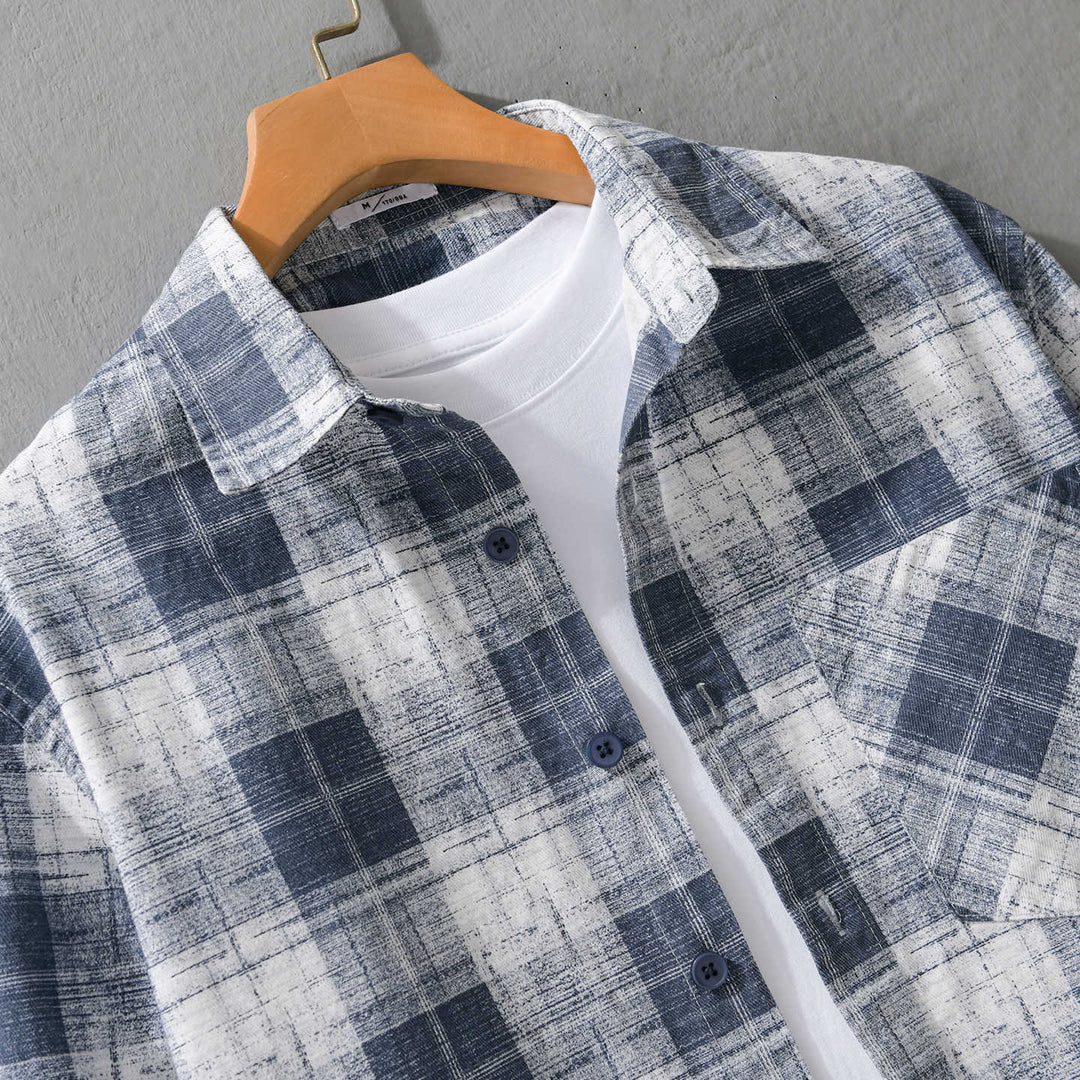 Herren Leichtes kariertes Layering-Overshirt aus Baumwoll‑Leinenmix mit diagonalem Brustpatch Shop Nory
