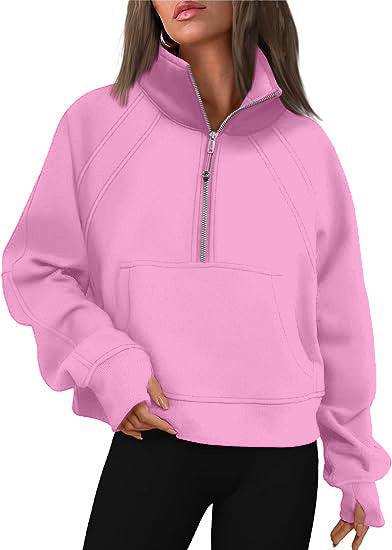 Damen sportlicher Hoodie mit kurzem Reißverschluss und praktischer Kängurutasche Shopnory