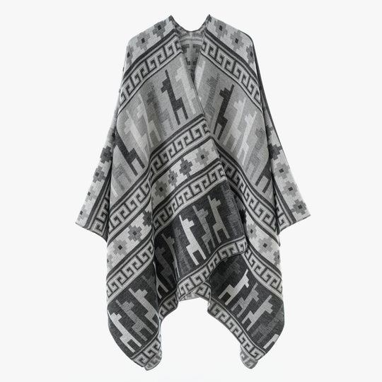 Damen Jacquard‑Strickponcho mit Ethno‑Tiermotiven und offenem Kimono‑Schnitt Shop Nory